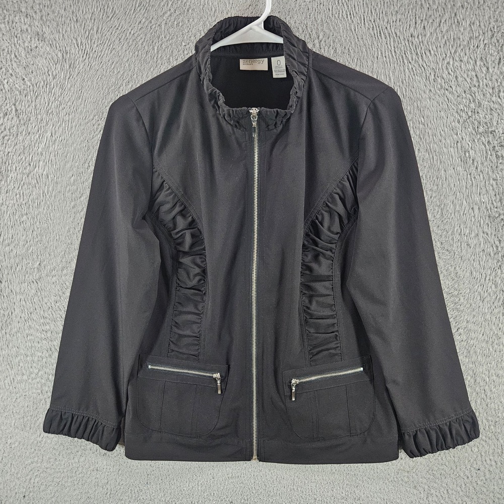 Zenergy by Chico's Black Ruffle Full Zip Jacket Mock Neck Pockets Size 0 Small